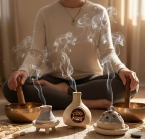 Eine Person am Boden sitzend umgeben von Räuchergefäßen