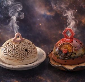 Zwei Räuchergefässe in beige und rotbraun